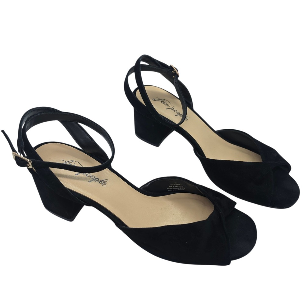 Free People Black Suede Block Heel Ankle Strap Peep Toe Sandals Size 41